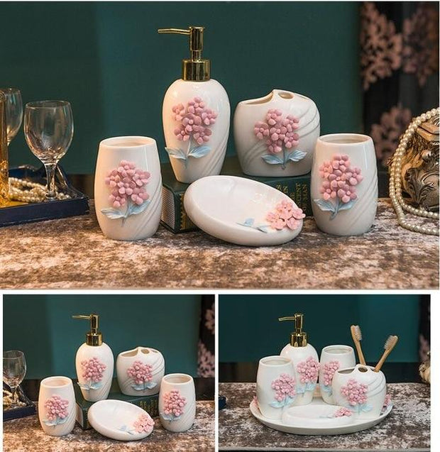 Ceramic imitation 6pcs Bathroom Accessory Set Washing Tools Bottle Mouthwash Cup Soap Toothbrush Holder Household Articles