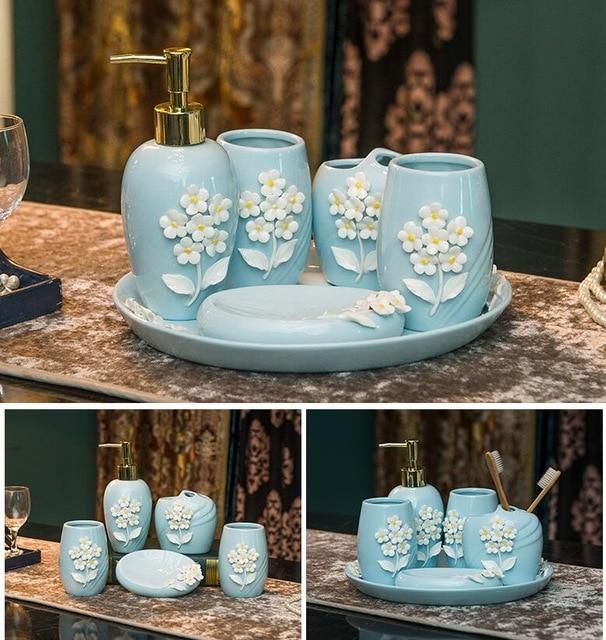 Ceramic imitation 6pcs Bathroom Accessory Set Washing Tools Bottle Mouthwash Cup Soap Toothbrush Holder Household Articles
