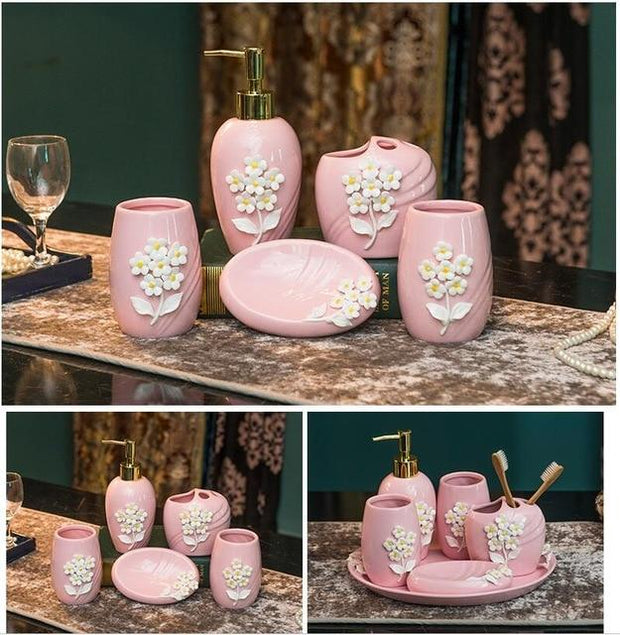 Ceramic imitation 6pcs Bathroom Accessory Set Washing Tools Bottle Mouthwash Cup Soap Toothbrush Holder Household Articles