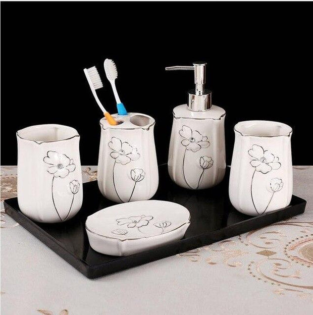 Ceramic romantic and luxury Bathroom Accessory Set Washing Tools Bottle Mouthwash Cup Soap Toothbrush Holder Household Articles